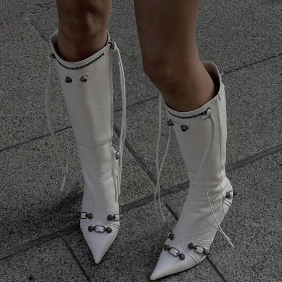 Women's Faux Leather White Stiletto Knee High Pointed Toe High Heel Zipper Boots - Picture 5 of 6